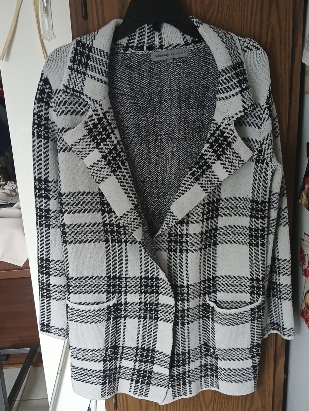 Absolutely Famous Women's Black & White Plaid Open Front Coatigan